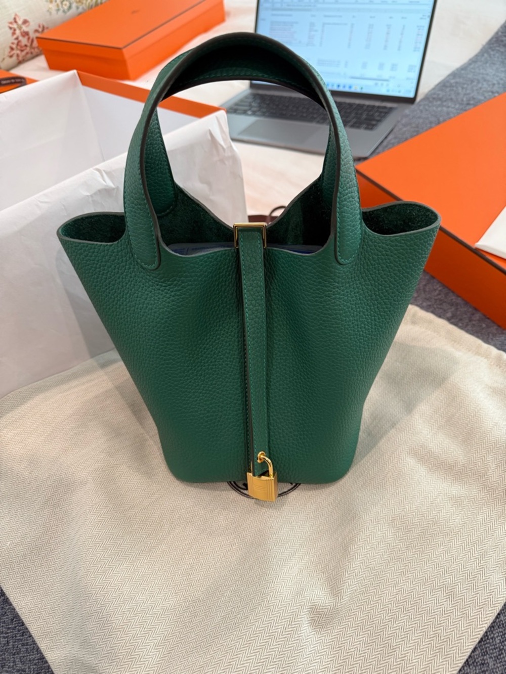 Green Picotin Lock Tote Bag - Emerald Leather